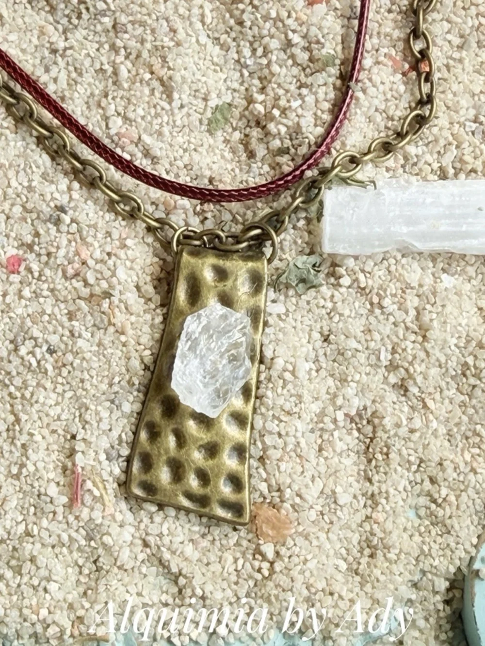 LAYERED Brass Pendant Necklace with RAW Clear QUARTZ and Burgundy Cord
